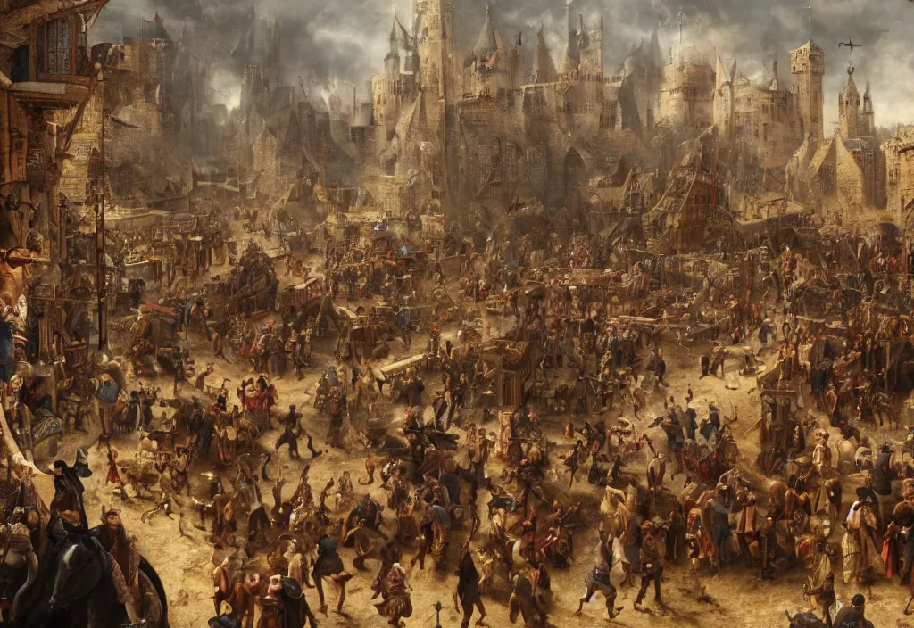 Image similar to photography crowd of emma watsons fight with nicholas cage in a medieval market detailed matte painting,