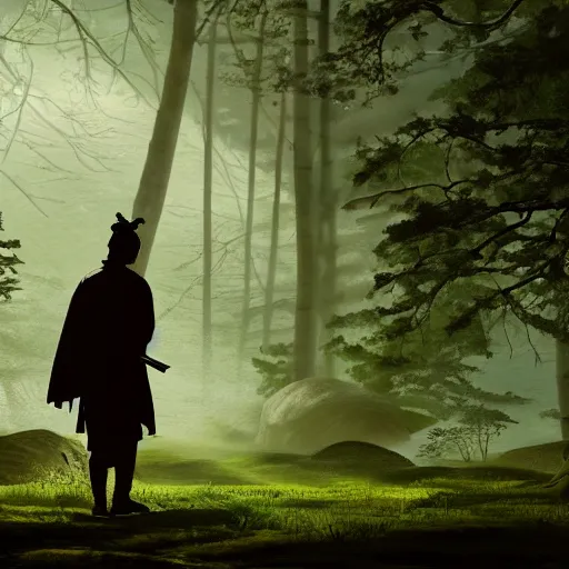 Image similar to a samurai walks alone through the woods at day, bright, sunny, atmospheric, cinematic lighting, intricate detail?