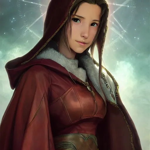 Image similar to aerith gainsborough in destiny warlock armor, wearing a hooded cloak, beautiful face!!!!, 2 7 years old, cg animation, realistic, character select portrait, by artgerm, greg rutkowski, alphonse mucha, 3 d