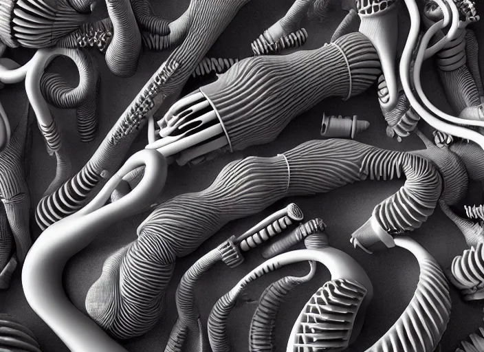 Image similar to an arrangement of ceramic pipes in the shape of vocal tracts ejecting a pattern of fractal jet streams of air, xenomorph, highly detailed, 8 k, octane,