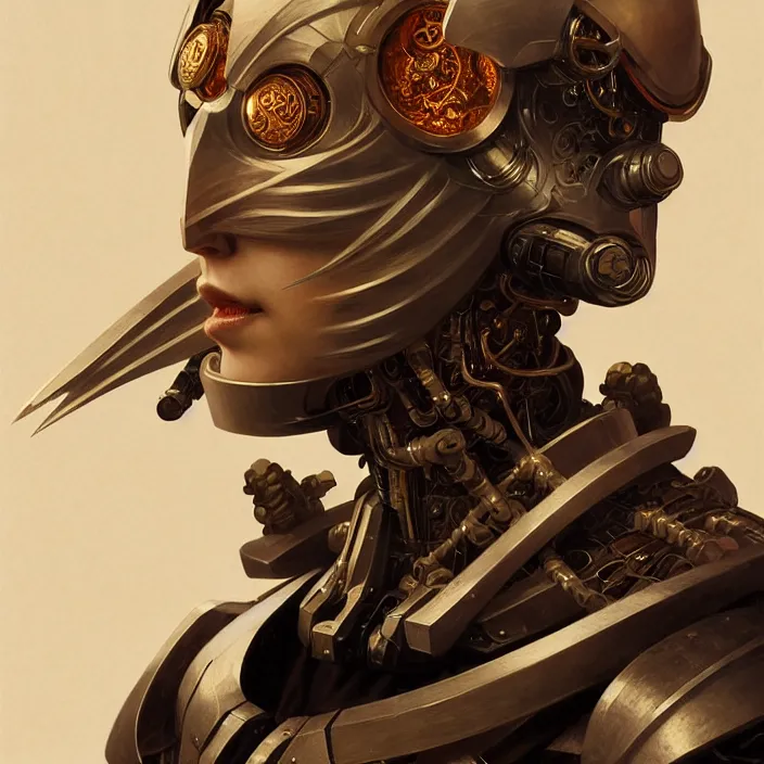 Image similar to japanese cyborg, Japanese samurai, diffuse lighting, fantasy, intricate, elegant, highly detailed, lifelike, photorealistic, digital painting, artstation, illustration, concept art, smooth, sharp focus, art by John Collier and Albert Aublet and Krenz Cushart and Artem Demura and Alphonse Mucha