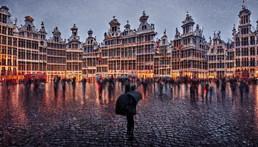 Image similar to grand place of brussels, rainy evening, people with umbrellas, hyperdetailed, artstation, cgsociety, 8 k