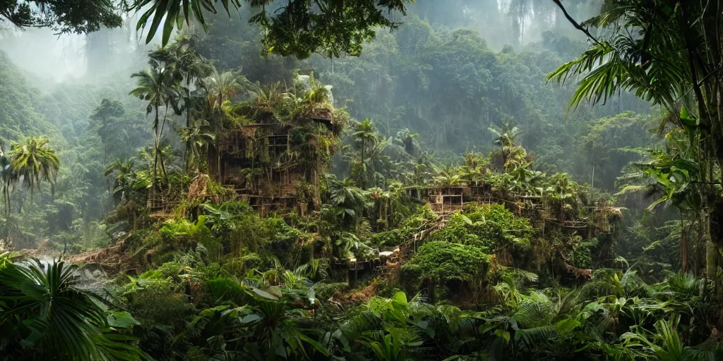 Image similar to tropical jungle, wall wood fortress, ((borderland style)), Hyperrealistic CGI, Photorealistic, plants environment, wide angle, establishing shot, cinematic lighting, atmospheric, realistic, octane render, highly detailed, color graded, matte painting in the style of craig mullins