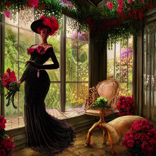 Image similar to fantasy, glow, shimmer, beautiful black victorian woman in a long white frilly lace dress and a large white hat, cow hoof feet, having tea in a sunroom filled with flowers, roses and lush fern flowers ,intricate, night, highly detailed, shows a leg,dramatic lighting