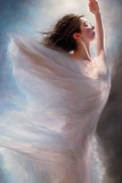 Prompt: prima ballerina dancing in the wind, beautiful face, ethereal, gorgeous, volumetric lighting, elegant, fluid, highly detailed, digital painting, concept art, highly detailed, illustration, limited color palette, atmosphere and tension, art by greg olsen and liz lemon swindle