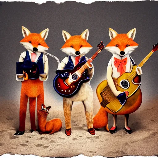 Prompt: music album cover, with foxes animals dressed in suits, holding guitars, on a beach, all looking at camera, studio lighting, 8 5 mm f / 1. 4