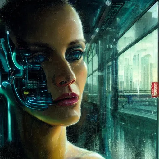 Image similar to detailed portrait of a cybernetic woman android, moment, cyberpunk elevated train, electronic billboards, tech noir, wet reflections, atmospheric, ambient, livia prima, greg rutkowski, edward hopper, pj crook