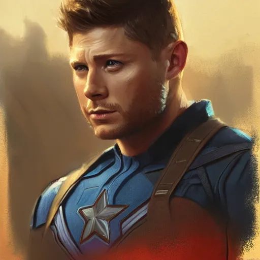 Image similar to A portrait of Jensen ackles as captain america, marvel art, art by greg rutkowski, matte painting, trending on artstation