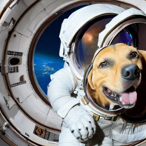 Image similar to a dog in space wearing an astronaut suit