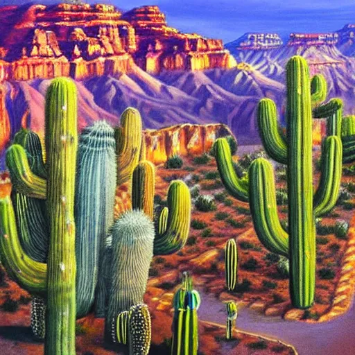 Prompt: desert city with treehouses in giant cactus overlooking the grand canyon with larged ringed plant rising in sky detailed magical realism sci fi painting