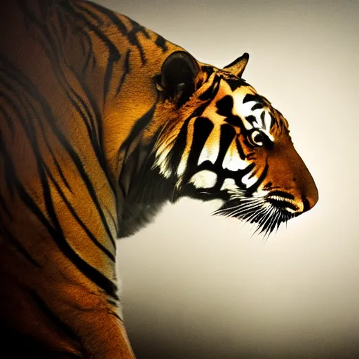 Image similar to A dramatic picture of hooded tiger , foggy atmosphere, cinematic lighting