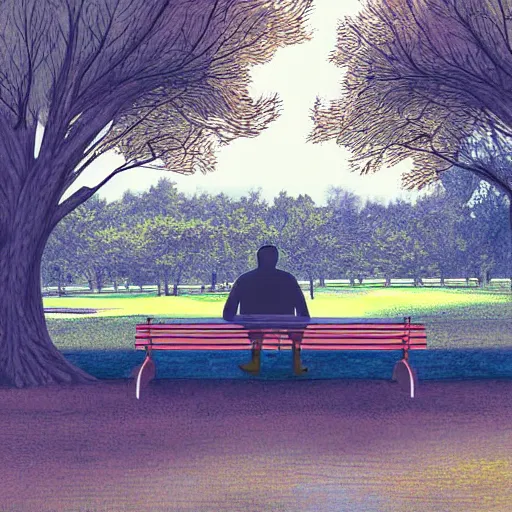 Prompt: a man sitting on a bench in the park writing in his notebook, a guitar is next to him on his bench, digital art