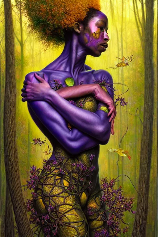 Prompt: hyperrealistic art nouveau super expressive! black woman with detailed exoskeleton armor, merging with tree in a forest, digital painting masterpiece smooth brad kunkle hannah yata dramatic pearlescent yellow purple light ground angle hd 8k sharp focus