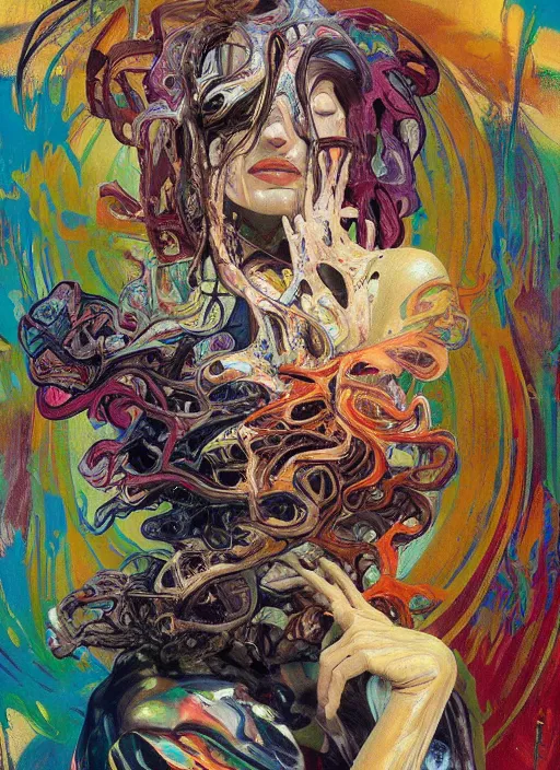 Prompt: abstract expressionism oil painting intertwined with a mutant biomorphic posthuman human head, spray paint texture, drips, impasto paint, 3 d graffiti texture, brushstrokes, abstract, highly detailed, hyperealistic fresh paint, harmonious, chaotic, colorfull, in the style of alphonse mucha