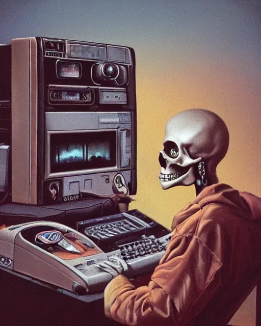 Image similar to a pensive skull observing 8 0 s era technology, vintage shapes, retro technology, vintage color, wayne barlow, oil on canvas, deep depth of field, masterpiece, cinematic composition, hyperdetailed