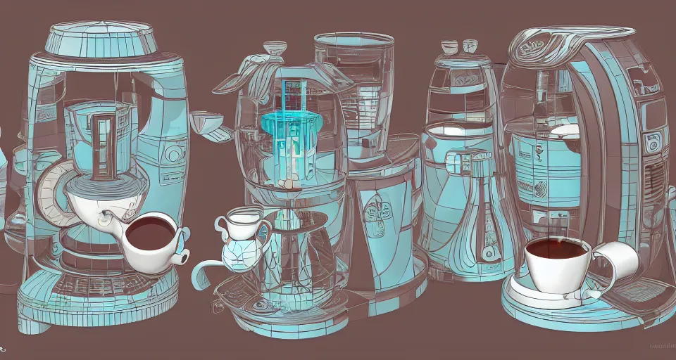 Image similar to a highly complex drip coffee maker in the futuristic era kitchen, jetsons design style, in the style of hownosm and james jean, ultimate collab, epic, digital art, 3 d, h 9 6 0