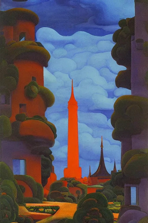 Image similar to view of the mysterious blue tower in its gardens after a storm, tall windows lit up, beautiful ornamental architecture, dramatic cinematic lighting, rich colors, by Nicholas Roerich and William Dyce and April Gornik and Sylvain Sarrailh and Ludwig Deutsch and Diego Rivera