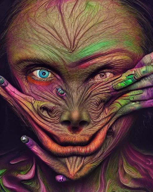 Image similar to realistic portrait of a creature experiment gone wrong, psychedelic, dark art, facing camera, photo realistic, detailed, 1 4 5 0, delicate, hyper realism, ultra realistic, 8 k