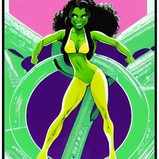 Image similar to Actress Zoe Saldana as She-Hulk, smiling, poster framed, comic pinup style, sports illustrated, detailed legs, artstation, illustration, posterized, Roge Antonio, Jen Bartel