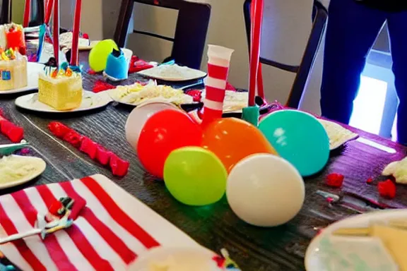 Prompt: a dead body on the table at a kids birthday party