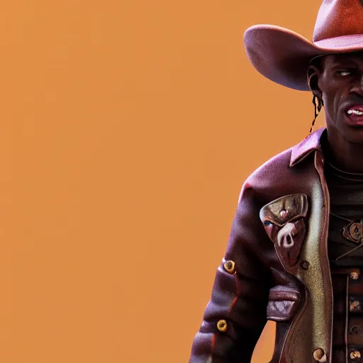 Image similar to Travis Scott as a cowboy, figurine, blender, octane render, 8k, hyperdetalied, studio lighting, trending on ArtStation, high quality,