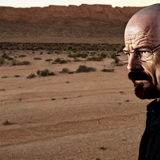 Image similar to breaking bad still frame of walter white in shock with his mouth opened, crying, speechless, desert background, breaking bad