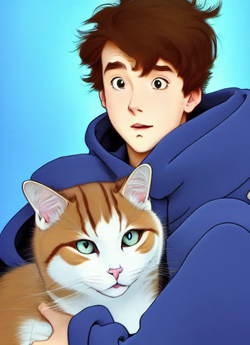 Prompt: teen boy with brown hair and big blue eyes, wearing a hoodie, fluffy white cat, natural lighting, path traced, highly detailed, high quality, cartoon, digital painting, by don bluth and ross tran and studio ghibli and alphonse mucha