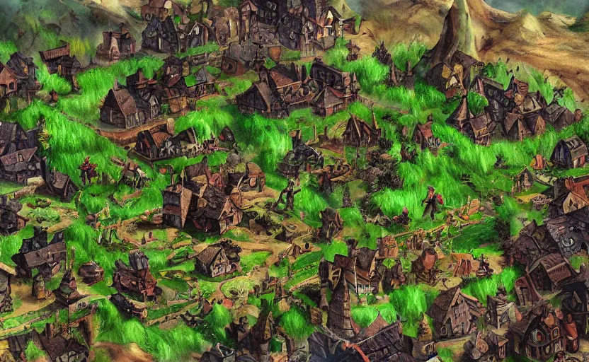 Image similar to A green goblin village, mining