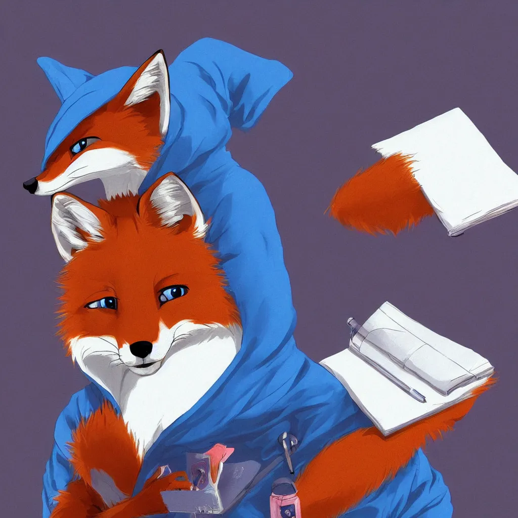 Image similar to a fox in a blue hoodie typing in a notebook, white background, concept art, anime style, digital art picture, highly detailed, artstation, detailed, award winning, colorful