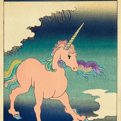 Image similar to A unicorn with rainbow color by Katsushika Hokusai