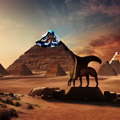 Prompt: ancient egyptian landscape with a giant stegasaurus guarding the pyramids, high quality digital art, cinematic sky, unreal engine