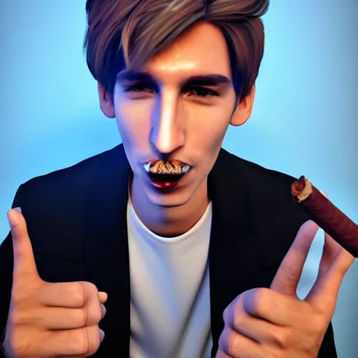 Image similar to a high quality photo of xqc smoking a cigar, 3d scene, render, ultra realistic, artstation, cgsociety