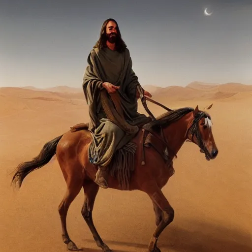 Image similar to jesus christ, riding a horse in the desert, oil paint by alyssa monks, greg rutkowski, cinematic, canon