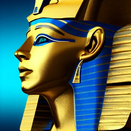 Prompt: side portrait , fantasy , Pharaoh , ancient Egypt , high details , HD , gold accessories , blue Egyptian bug , hyper realistic , neon background