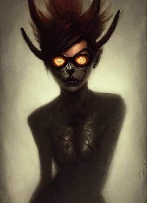 Image similar to dark portrait painting of tracer from overwatch, in style of zdzisław beksinski, scary, horror, 4 k, feminine facial features, overwatch tracer character, horror, body horror, silhoutte, disturbing, detailed face, dressed in dark garment, black tendrils, tall,