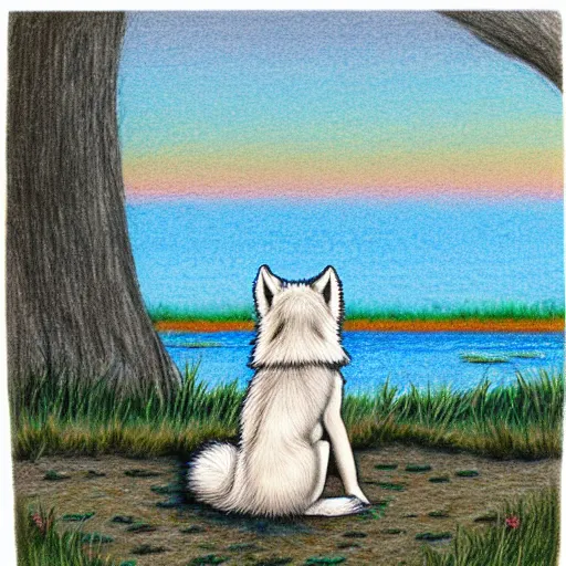 Image similar to rear view of fluffy baby grey wolf sitting on the shore of a pond looking out at the sunset, colored pencil on white background by eloise wilkin