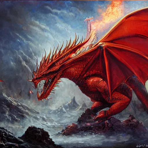 Image similar to epic fantasy painting of red dragon breathing fire towards knight, by john avon, by seb mckinnon, high detail, fantasy battle, by christopher rush