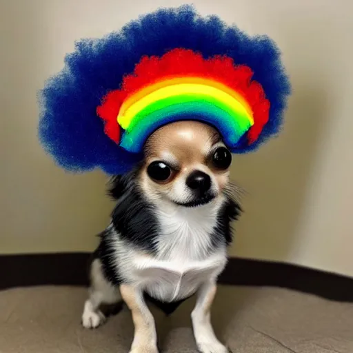 Prompt: cute chihuahua with little rainbow clown Afro —H 768 —W 768