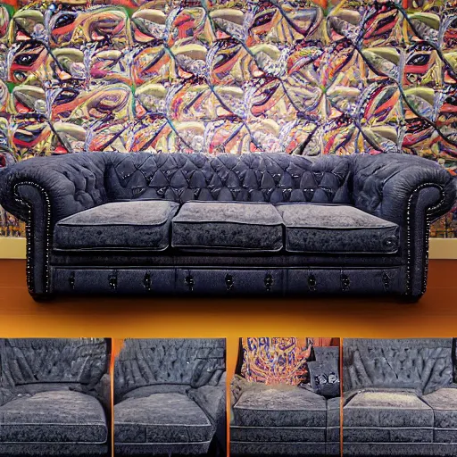 Image similar to couch sofa chesterfield flying through space psychedelic trippy eldritch horror cartoon