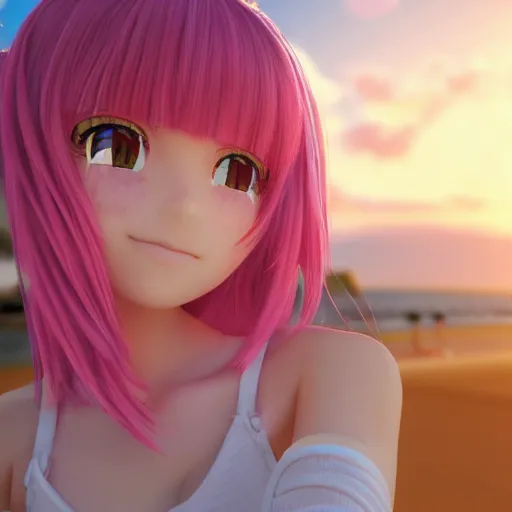 Prompt: Selfie render of a cute 3d anime girl, long pink hair, full bangs, hazel eyes, cute freckles, soft smile, golden hour, beach setting, medium shot, mid-shot, trending on Artstation,