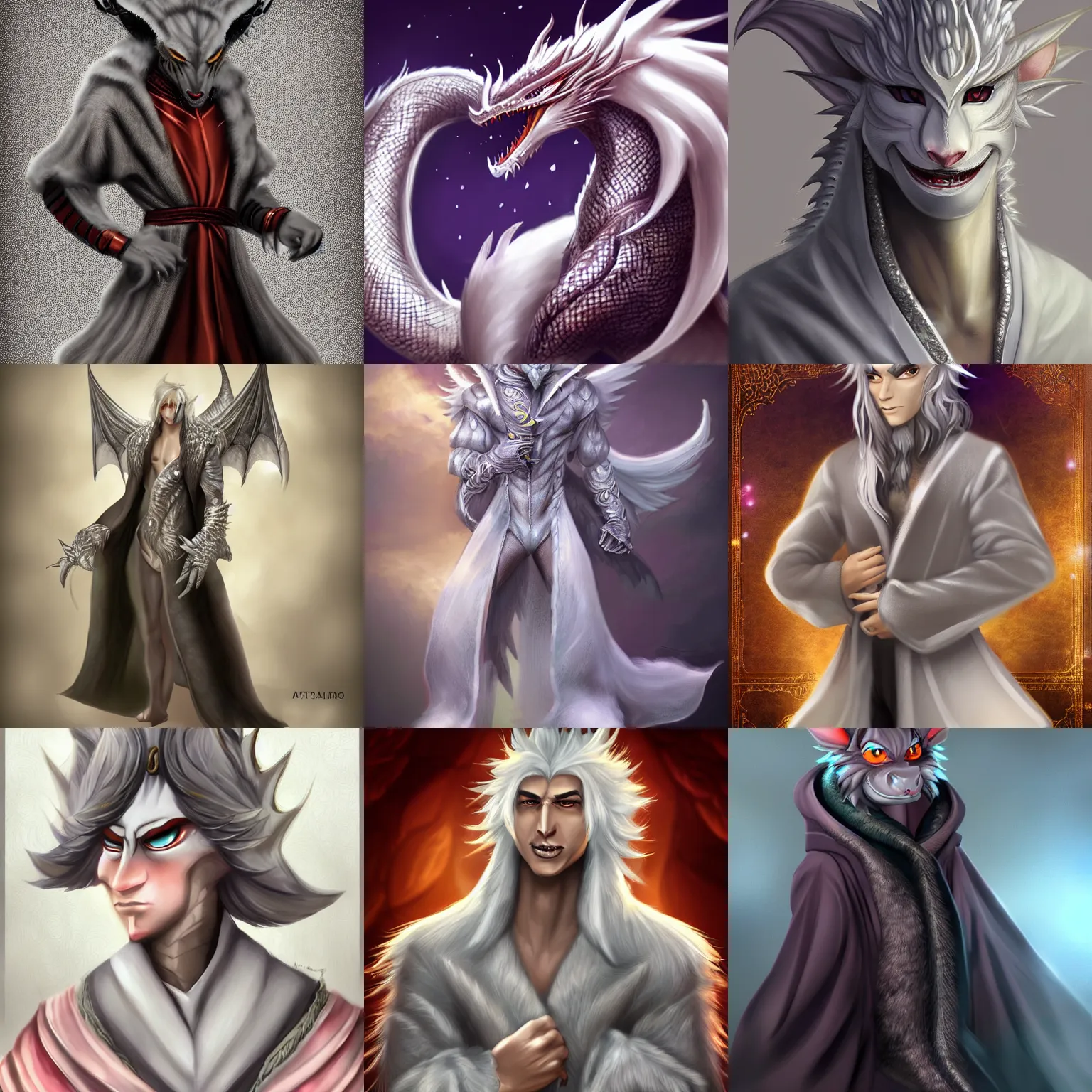 Prompt: very very beautiful male anthro silver dragon, soft delicate draconic features, cute eyes, evil grin, eyelashes, wearing a luxurious velvet robe, commission for, artstation, high quality digital art, warm colors