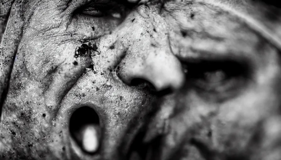 Image similar to World War 1 soldier screaming in anguish, close-up of face, wartorn landscape, dirty lens, shallow depth of field, cinematic lighting, IMAX, cinematography, 35mm