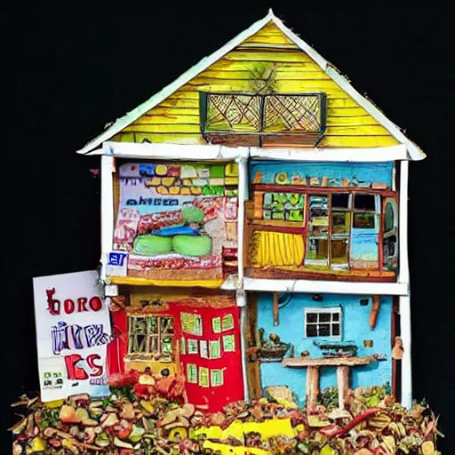 Image similar to photo of a house with kids made out of food leftovers. Highly detailed. Art by Gordon Ramsey