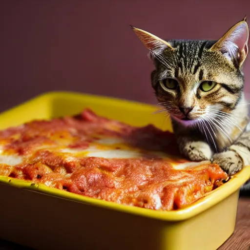 Prompt: tabby cat standing in lasagna, messy, photo, detailed, 4k