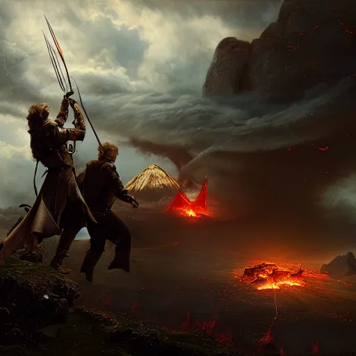 Prompt: bilbo slaying smaug with sting encircling mount doom. image by andreas achenbach, artgerm, mikko lagerstedt, zack snyder, tokujin yoshioka