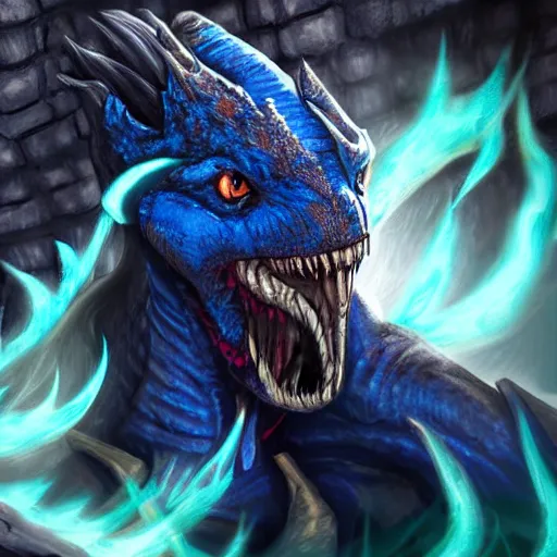 Prompt: a blue dragonborn with half of his face flaming with blue flame standing in a big cave, digital art