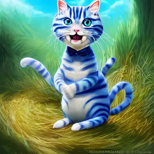 Image similar to cute blue striped cat of cheshire from alice in wonderland. an adorable cat with light blue stripes and a big playful human - like smile. award - winning digital art, trending on artstation