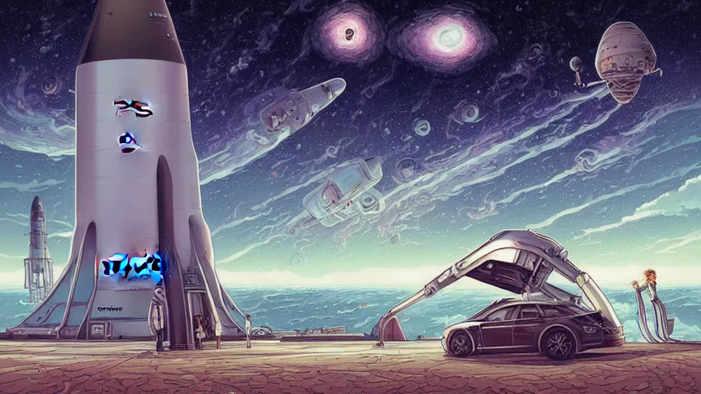 Prompt: elon musk at spacex launch pad by cyril rolando and naomi okubo and dan mumford and ricardo bofill. lovecraft. lovecraftian. starry night swirly sky.