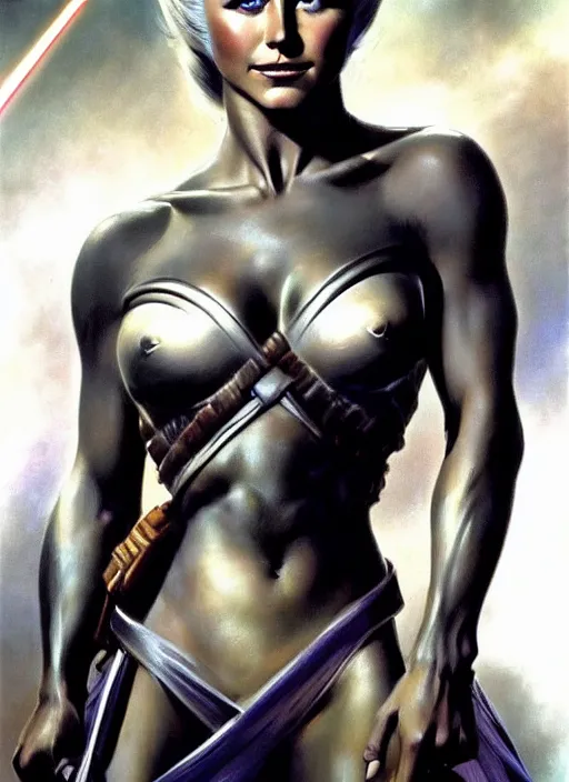 Image similar to a stunning medium shot portrait of julianne hough as a star wars slave girl, digital art by frank frazetta and boris vallejo and julie bell and moebius, highly detailed, trending on artstation, hq