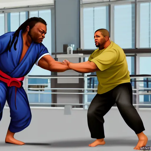 Prompt: hyperrealistic image of overweight black martial artist with dreadlocks in uniform doing kata, grand theft auto style